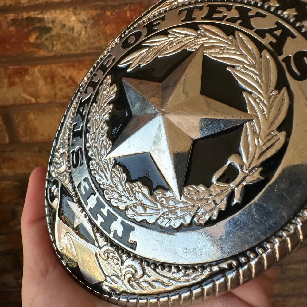 State of Texas Large Oversized Belt Buckle Silver Lone Star Oval Western Rodeo